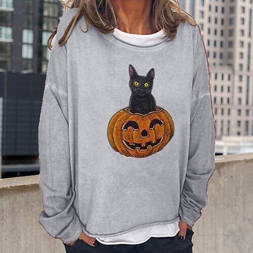 

Women's Sweatshirt Pullover Active Streetwear Print Black Blue Khaki Cat Pumpkin Loose Fit Halloween Round Neck Long Sleeve S M L XL XXL