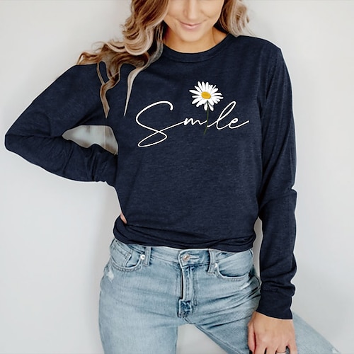 

Women's T shirt Tee Graphic Daisy Letter Casual Daily Holiday Floral T shirt Tee Long Sleeve Print Round Neck Basic Green Black Blue S