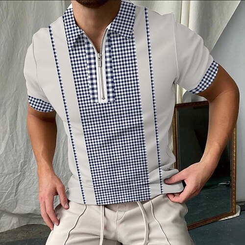 

Men's Collar Polo Shirt Golf Shirt Plaid Turndown Blue 3D Print Outdoor Street Short Sleeves Zipper Print Clothing Apparel Fashion Casual Breathable / Summer / Spring / Summer