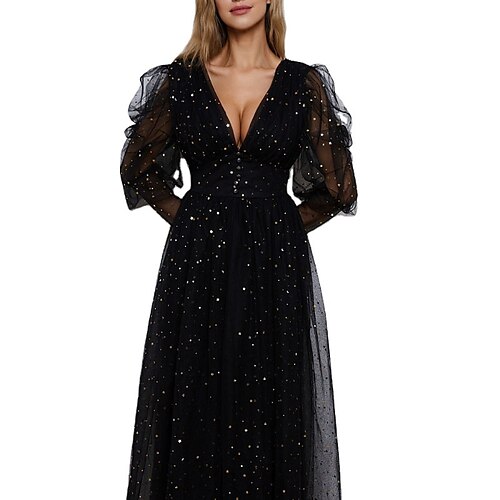 

Women's Swing Dress Party Dress Maxi long Dress Black Long Sleeve Pure Color Mesh Patchwork Fall Winter V Neck Party Stylish Elegant Party Puff Sleeve Slim 2022 S M L XL