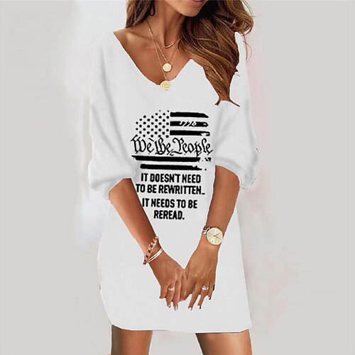 

Women's Casual Dress Bodycon Short Mini Dress White Gray 3/4 Length Sleeve Cat Letter Animal Print Fall Winter V Neck Casual Vacation Loose 2022 S M L XL XXL 3XL