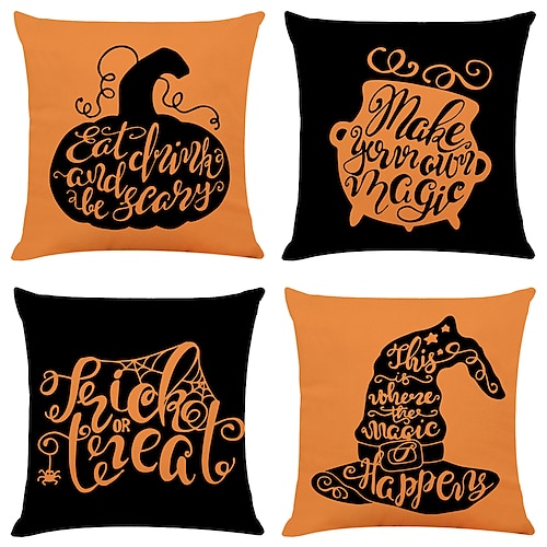 

Halloween Double Side Cushion Cover 4PC Soft Decorative Square Throw Pillow Cover Cushion Case Pillowcase for Bedroom Livingroom Superior Quality Machine Washable Indoor Cushion for Sofa Couch Bed Chair Pumpkin Bat