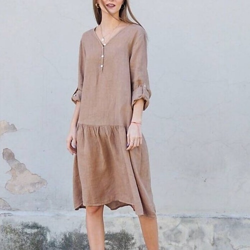 

Women's A Line Dress Casual Dress Knee Length Dress Khaki Orange 3/4 Length Sleeve Pure Color Ruffle Button Fall Winter V Neck Stylish Casual 2022 S M L XL / Cotton
