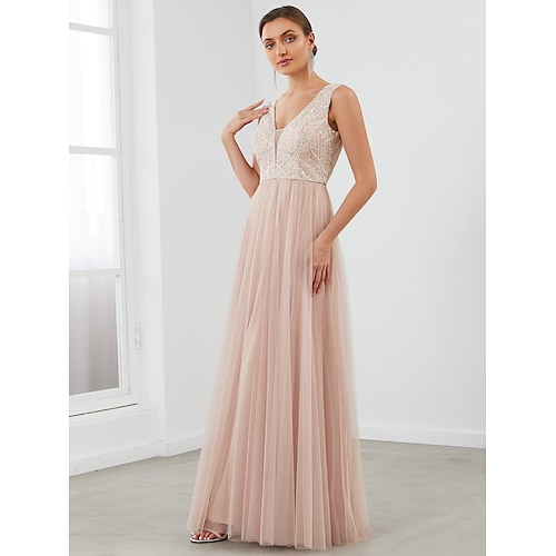 

A-Line Evening Dresses Elegant Dress Wedding Guest Floor Length Sleeveless V Neck Tulle V Back with Sequin Draping 2022 / Sparkle & Shine