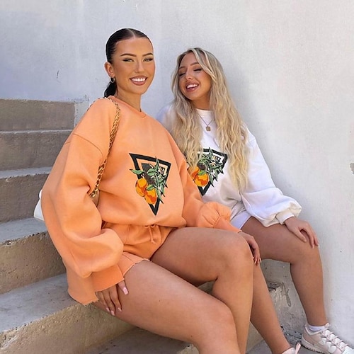 

Women's Sweatshirt Active Streetwear Orange White Sports Outdoor Graphic Round Neck S M L XL / Oversized