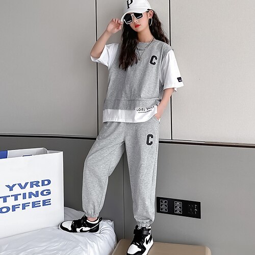 

Kids Girls' T-shirt Pants Clothing Set 2 Pieces Short Sleeve Black Gray Letter Outdoor Casual Daily Regular 5-13 Years