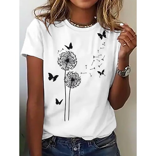 

T shirt Tee Femme Noir Blanche Bleu Papillon Pissenlit Imprimer Manche Courte Casual Fin de semaine basique Col Rond Normal Standard Fleur Papillon Peinture S