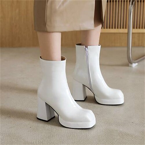 Women's Boots Daily Booties Ankle Boots Winter Platform High Heel Chunky Heel Square Toe Minimalism PU Leather Zipper Solid Colored Black Light Red White