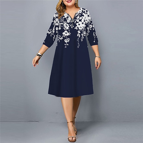 

Women's Plus Size Work Dress Floral V Neck Print 3/4 Length Sleeve Spring Fall Stylish Work Elegant Knee Length Dress Vacation Going out Dress / 3D Print