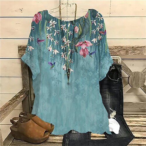 

Women's Plus Size Tops Blouse Shirt Floral Print Short Sleeve Crewneck Streetwear Daily Vacation Polyester Spring Summer Blue