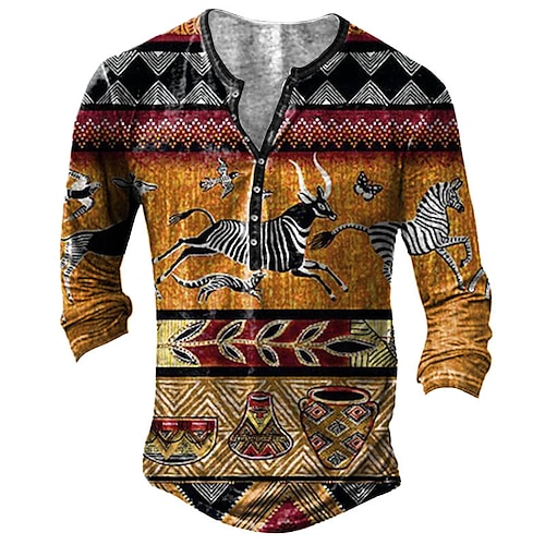 

Men's Henley Shirt Tee T shirt Tee 3D Print Graphic Tribal Animal Plus Size Henley Daily Sports Button-Down Print Long Sleeve Tops Basic Classic Comfortable Big and Tall Yellow