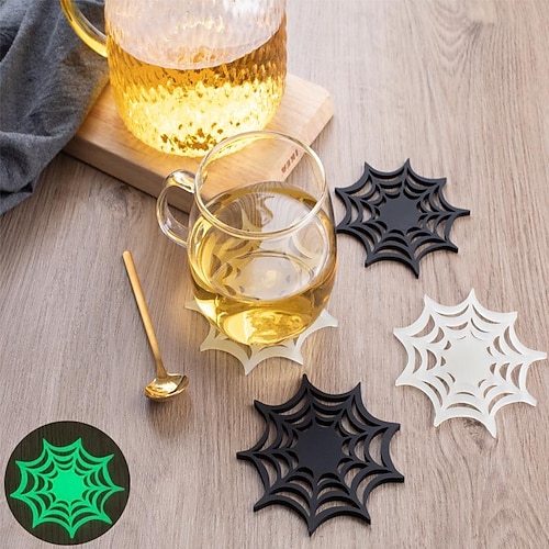 

Halloween Fluorescent Placemat Spider Web Insulation Pad Bar Atmosphere Cup Holder Automatic Luminous Silicone Coaster for Halloween Party