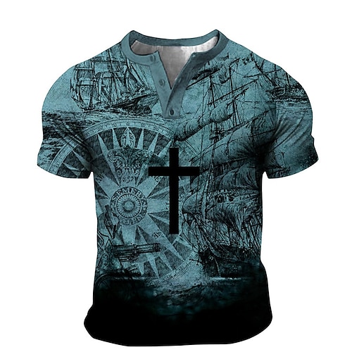 

Men's Henley Shirt T shirt Tee Tee Graphic Templar Cross Henley Blue 3D Print Sailboat Plus Size Outdoor Daily Short Sleeve Button-Down Print Clothing Apparel Basic Designer Casual Classic