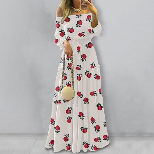 

Women's A Line Dress Swing Dress Maxi long Dress Light Yellow White Black Yellow Red Beige Long Sleeve Floral Ruffle Print Fall Winter Off Shoulder Romantic Mature Boho Loose 2022 S M L XL XXL 3XL