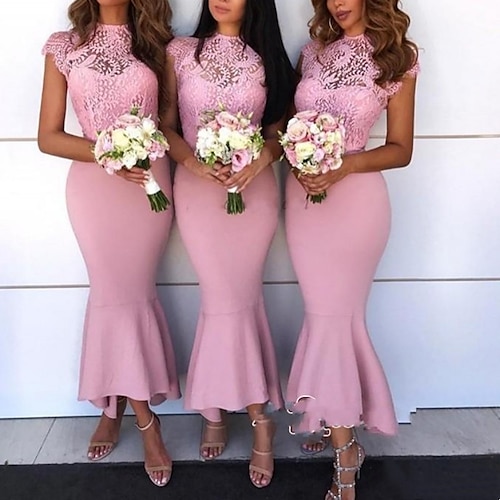 

Mermaid / Trumpet Bridesmaid Dress Jewel Neck Short Sleeve Elegant Ankle Length Lace / Stretch Chiffon with Pleats / Solid Color 2022