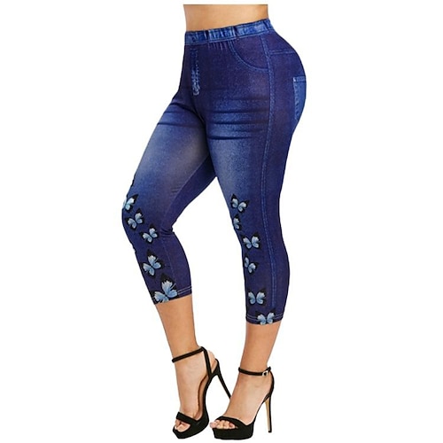 

Women's Leggings Bell Bottom Faux Denim Blue Purple Red High Waist Fashion Tights Casual Weekend Print High Elasticity Calf-Length Tummy Control Butterfly S M L XL 2XL / Skinny