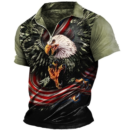 

Men's Collar Polo Shirt Golf Shirt Animal Eagle National Flag Turndown Green 3D Print Outdoor Street Short Sleeves Zipper Print Clothing Apparel Fashion Designer Casual Breathable / Summer / Spring