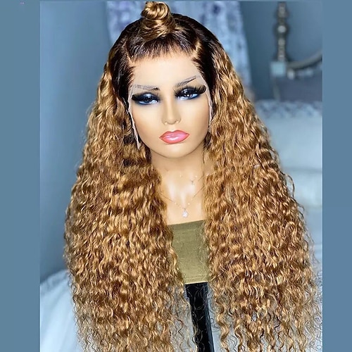 

Remy Human Hair 13x4 Lace Front Wig Free Part Brazilian Hair Curly Water Wave Multi-color Wig 130% 150% Density with Baby Hair Highlighted / Balayage Hair Natural Hairline 100% Virgin Pre-Plucked For