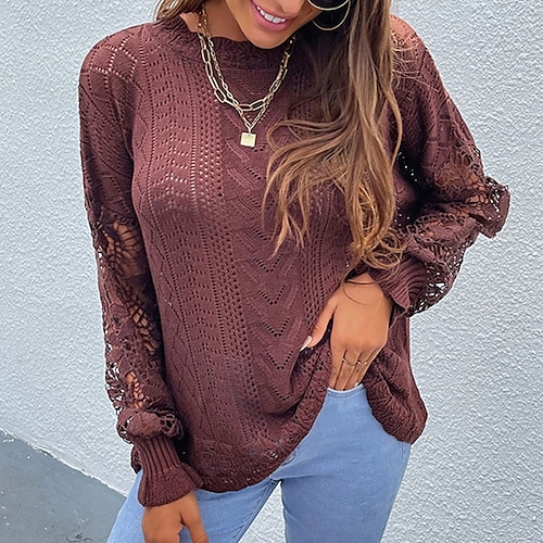 

Women's Pullover Sweater jumper Jumper Ribbed Crochet Knit Knitted Lace Trims Pure Color Crew Neck Stylish Casual Outdoor Daily Winter Fall Coffee Gray S M L / Long Sleeve / Regular Fit / Going out