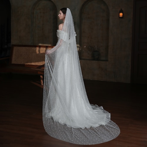 

One-tier Classic & Timeless / Elegant & Luxurious Wedding Veil Cathedral Veils with Faux Pearl Tulle / Silver