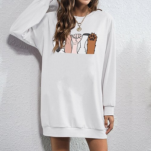 

Women's Hoodie Dress Streetwear Long Monograms Print White Black Hand Daily Crew Neck Long Sleeve S M L XL XXL