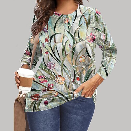 

Women's Plus Size Tops Pullover Sweatshirt Floral Print Long Sleeve Crewneck Streetwear Daily Vacation Microfiber Fall Winter Green Blue