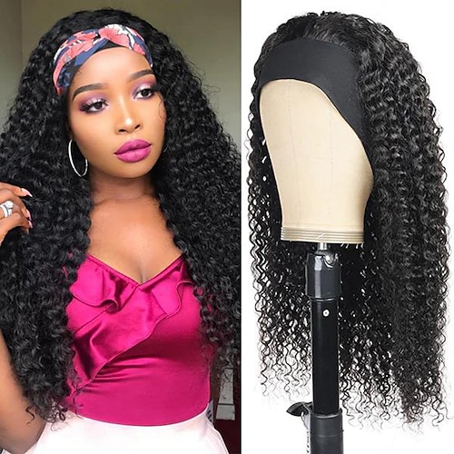 

Human Hair Wig Long Curly With Headband Natural Black Adjustable Natural Hairline Glueless Machine Made Capless Brazilian Hair All Natural Black #1B 10 inch 12 inch 14 inch Daily Wear Party & Evening