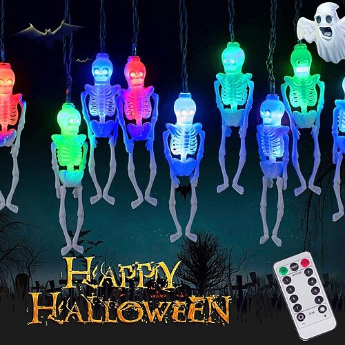

Halloween Lights Skeleton Skull Decoration 8 Modes Remote Control Battery/USB Powered 3m 20LEDs Waterproof Indoor Outdoor For House Window Halloween Party Patio Haunted Horror Atmosphere Decoration