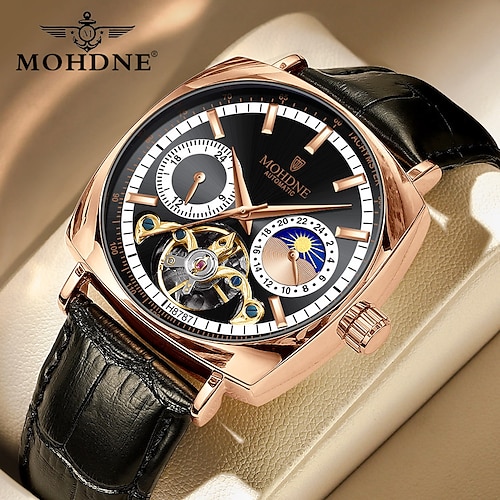 

MOHDNE Mechanical Watch for Men Analog Automatic self-winding Stylish Hole Stylish Formal Style Waterproof Dual Time Zones Moon Phase Alloy Leather Fashion