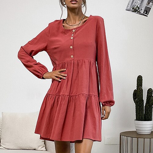 

Women's Casual Dress Shirt Dress Short Mini Dress Red Long Sleeve Pure Color Ruffle Button Fall Winter Crew Neck Casual Modern Loose 2022 S M L XL