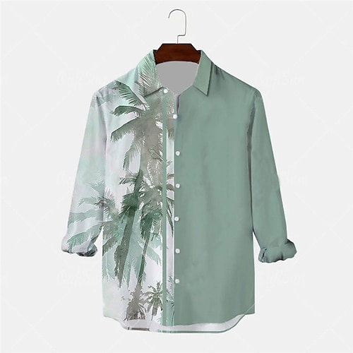 

Men's Shirt Summer Hawaiian Shirt Coconut Tree Turndown Green 3D Print Outdoor Street Long Sleeve Button-Down Print Clothing Apparel Fashion Designer Casual Breathable