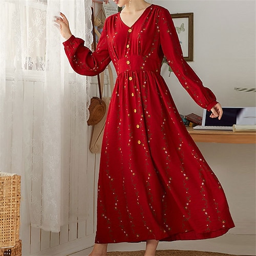 

Women's A Line Dress Swing Dress Midi Dress Red Long Sleeve Floral Print Fall Winter V Neck Casual Mature 2022 XS S M L XL / Casual Dress