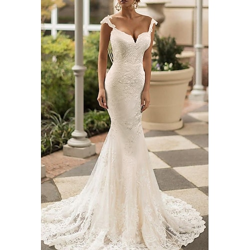 

Mermaid / Trumpet Wedding Dresses V Neck Off Shoulder Sweep / Brush Train Lace Sleeveless Romantic Sexy Luxurious with Appliques 2022