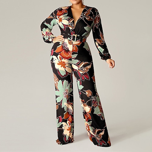 

Women's Jumpsuit High Waist Print Floral Deep V Casual Street Daily Regular Fit Long Sleeve Black S M L Fall