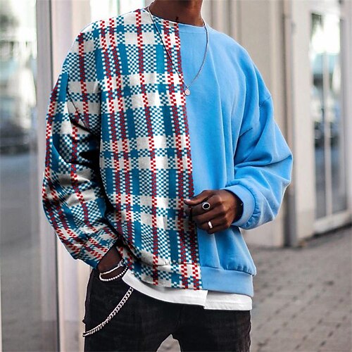 

Men's Sweatshirt Pullover Graphic Patterned Tartan Print Sports Outdoor Daily Sports Basic Casual Hoodies Sweatshirts Blue