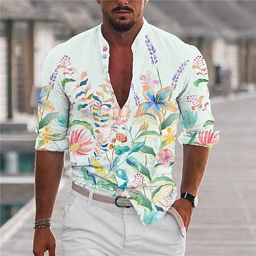 

Men's Shirt Floral Stand Collar Green Long Sleeve 3D Print Outdoor Casual Button-Down Print Tops Fashion Designer Casual Comfortable / Sports