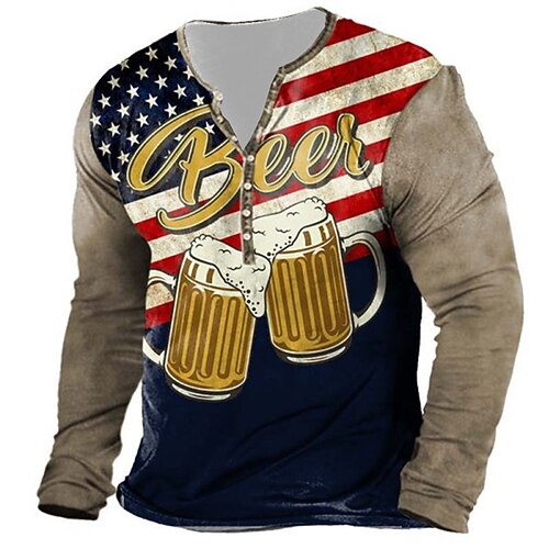 

Men's Henley Shirt Tee T shirt Tee 3D Print Graphic Patterned Beer National Flag Plus Size Henley Daily Sports Button-Down Print Long Sleeve Tops Designer Basic Classic Comfortable Brown