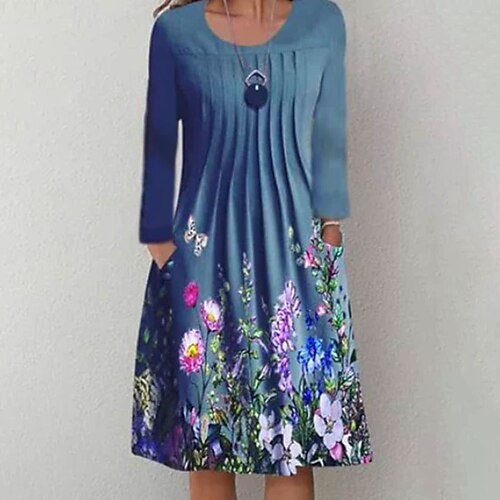 

Women's Casual Dress T Shirt Dress Tee Dress A Line Dress Midi Dress Light Green Blue Green Long Sleeve Floral Ruched Winter Fall Spring Round Neck Casual Winter Dress Fall Dress Loose Fit 2023 S M L