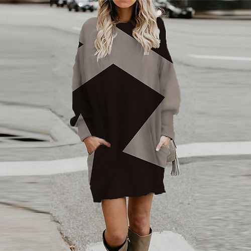 

Women's Hoodie Dress Winter Dress Short Mini Dress Gray Long Sleeve Geometric Pocket Print Fall Winter Hooded Casual Loose 2022 S M L XL XXL 3XL