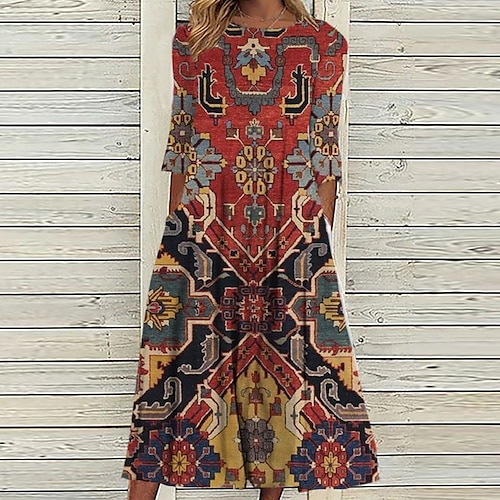 

Women's Casual Dress Shift Dress Midi Dress Green Red 3/4 Length Sleeve Abstract Print Fall Spring Summer Boat Neck Basic Daily Vacation Weekend 2022 S M L XL XXL 3XL