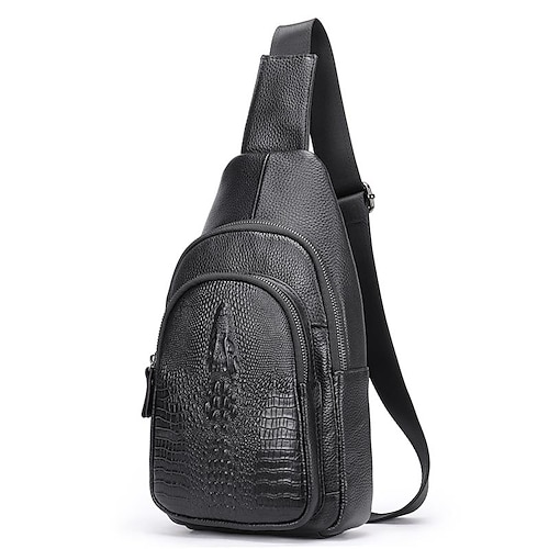 

Men's Sling Shoulder Bag Nappa Leather Cowhide Zipper Crocodile Daily Black