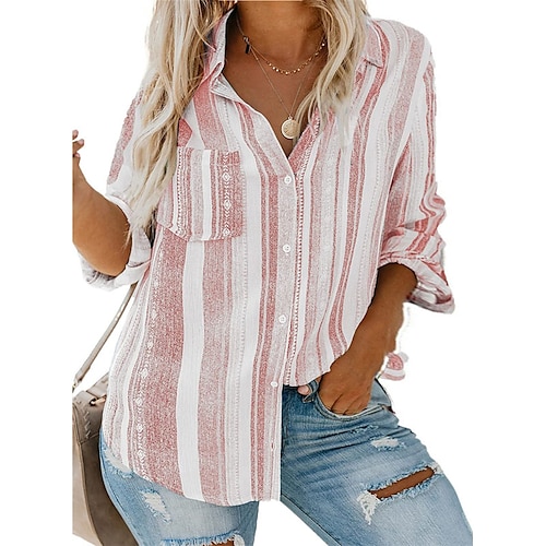 

Women's Plus Size Tops Blouse Shirt Striped Button Pocket Long Sleeve Shirt Collar Basic Daily Going out Cotton Spring Fall Blue Purple