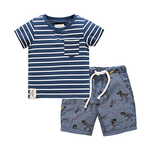 

2 Pieces Kids Boys ShortsSet Clothing Set Outfit Dinosaur Stripe Short Sleeve Crewneck Cotton Set Active Daily Summer 2-8 Years Blue