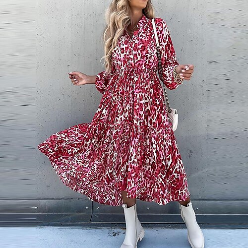 

Women's Swing Dress Maxi long Dress Red Long Sleeve Floral Leopard Ruffle Plus High Low Print Spring Summer Stand Collar Casual Fashion Boho 2022 S M L XL XXL 3XL