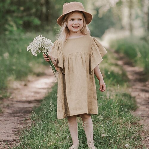 

Kids Girls' Dress Solid Colored A Line Dress Asymmetrical Dress Daily Cotton Short Sleeve Princess Dress 2-6 Years Spring khaki White