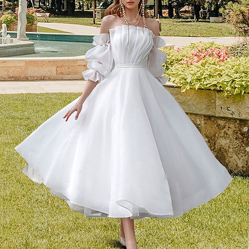 

Bridal Shower Vestitini bianchi Abiti da sposa Lunghezza tè Linea-A Mezza manica Senza spalline Organza Con A pieghe 2023 Abiti da sposa