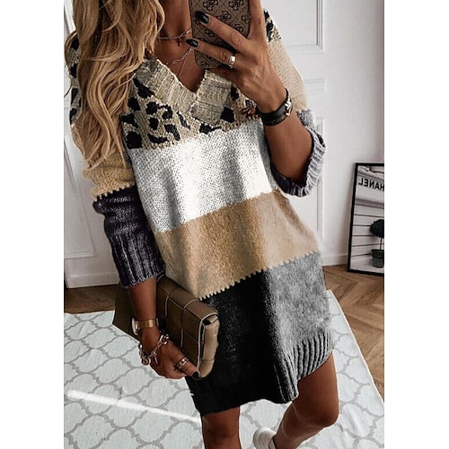 

Women's Pullover Sweater jumper Jumper Crochet Knit Tunic Patchwork Knitted Color Gradient V Neck Stylish Going out Weekend Winter Fall Brown S M L / Long Sleeve / Regular Fit