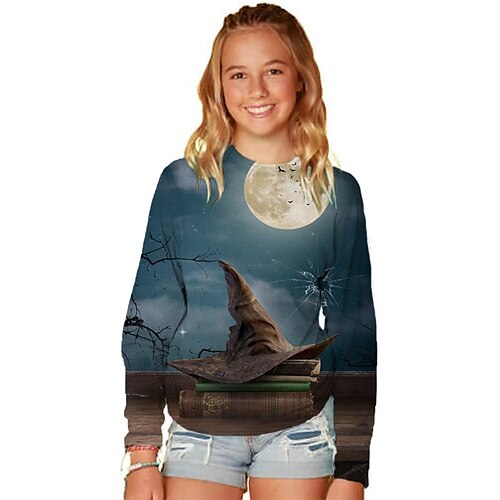 

Kids Girls' Halloween T shirt Halloween pattern Outdoor 3D Print Long Sleeve Active 3-12 Years Winter Blue
