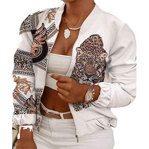 

Women's Plus Size Jacket Graphic Color Block Causal Sports Long Sleeve Stand Collar Short Fall Winter White Black Yellow L XL XXL 3XL 4XL