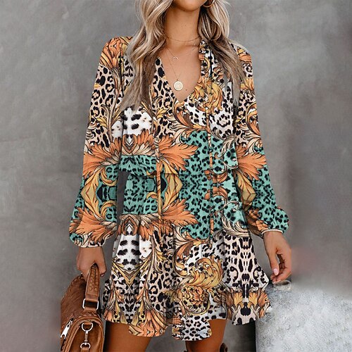 

Women's Casual Dress A Line Dress Short Mini Dress Leopard Black Blue Purple Yellow Orange Long Sleeve Floral Leopard Print Fall Winter V Neck Casual 2022 S M L XL XXL